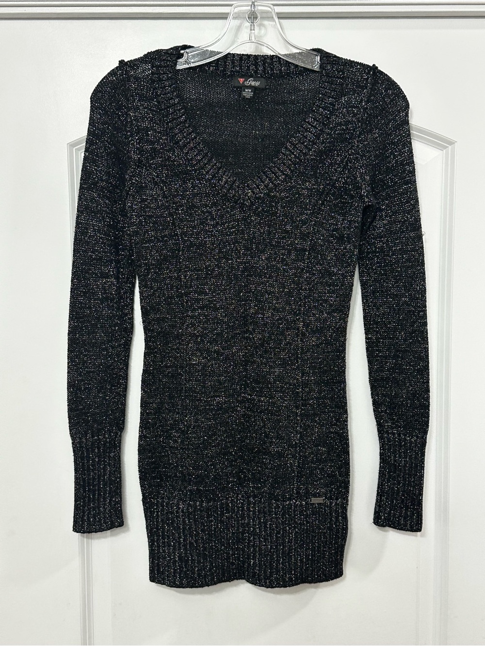 GUESS Metallic Silver Black V-Neck Knit Sweater Tunic Size M